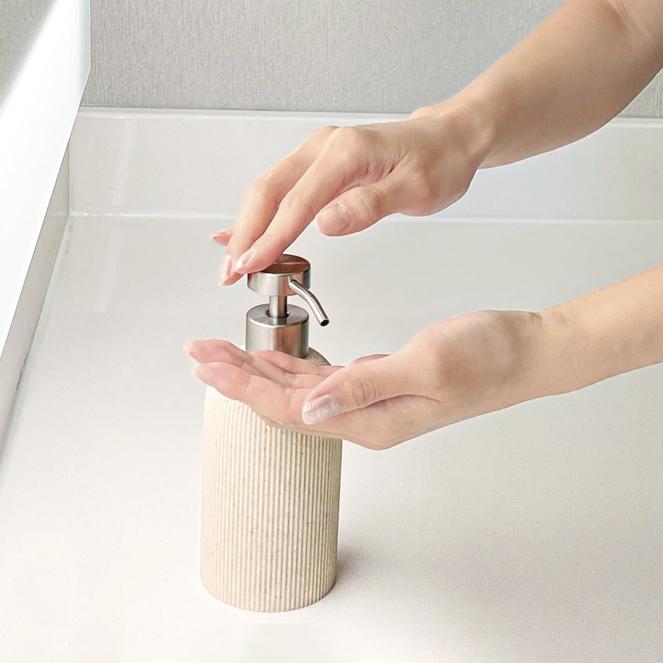 Lunestella Elegant Boho Beige Hand Soap Dispenser With Stainless Steel Pump, For Bathroom And Kitchen, Rust Proof, 7Oz