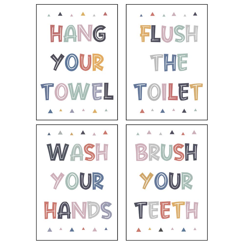 4 Pcs Colorful Washroom Rules Decorations, Brush Wash Flush Bathroom Sign For Kids, Funny Wall Decals Quotes, Motivational Washr