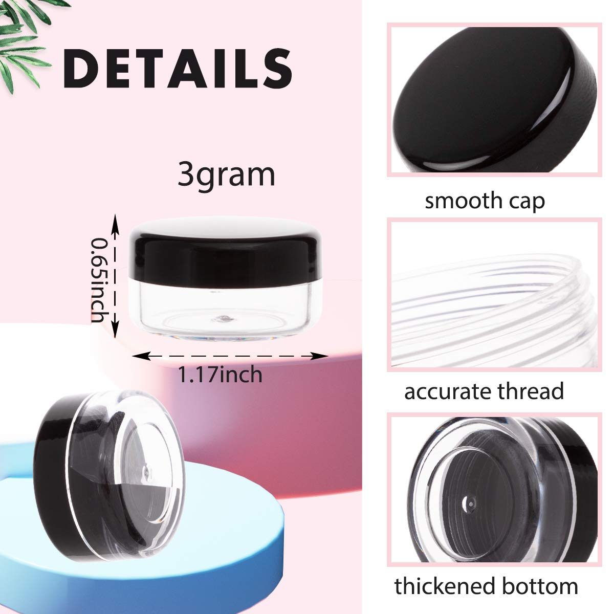 100 Pack 3 Gram Sample Containers With Lids, 3Ml Mini Sample Jars, Tiny Plastic Cosmetic Containers For Lip Balms, Makeup, Lotio