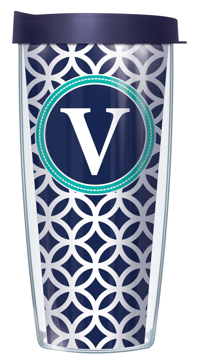 Signature Tumblers ''V'' Monogram Insignia Wrap On Navy And White Roundabout 16 Ounce Double-Walled Travel Tumbler Mug With Navy
