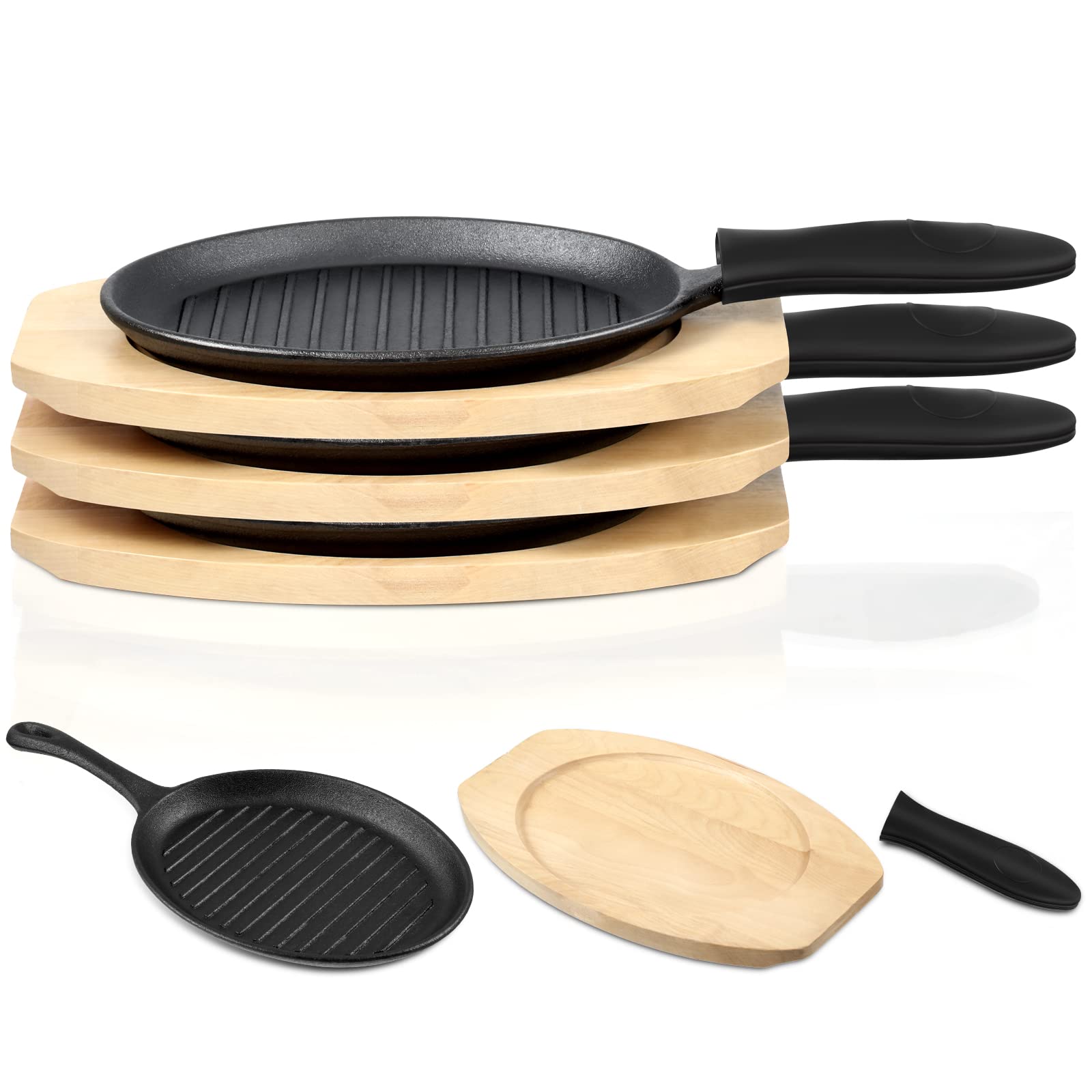 Tanlade 3 Sets Cast Iron Skillets Pre Seasoned Fajita Pan Heavy Duty Construction Sizzling Plates With Wooden Base And Silicone