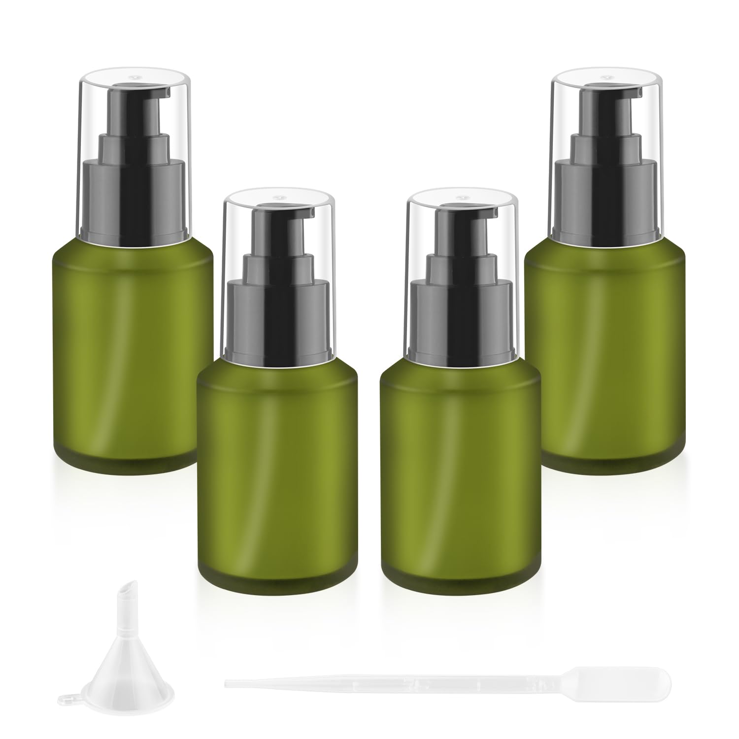 4 Pcs 60ml/2oz Green Frosted Glass Bottles Refillable Pump Dispenser Jar Empty Lotion Vials with Pump for Travel Body Wash Liqui