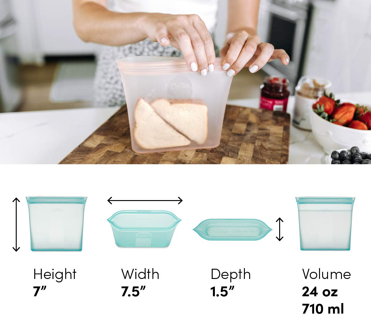 Zip Top Reusable Food Storage Bags | Sandwich Bag [Teal] | Silicone Meal Prep Container | Microwave, Dishwasher And Freezer Safe