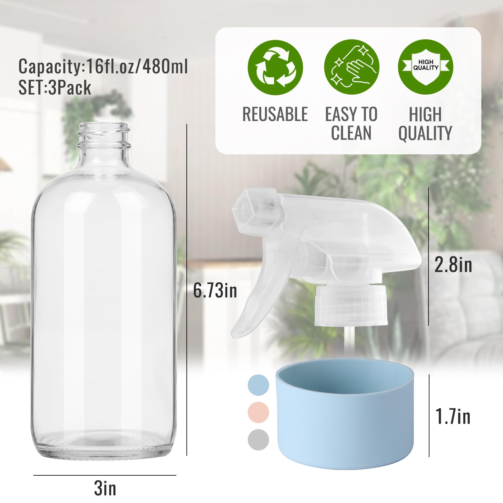 Aurotrends Glass Spray Bottles 16Oz 3Pack, Empty Glass Spray Bottles For Cleaning, Glass Spray Bottle With Silicone Sleeve For C