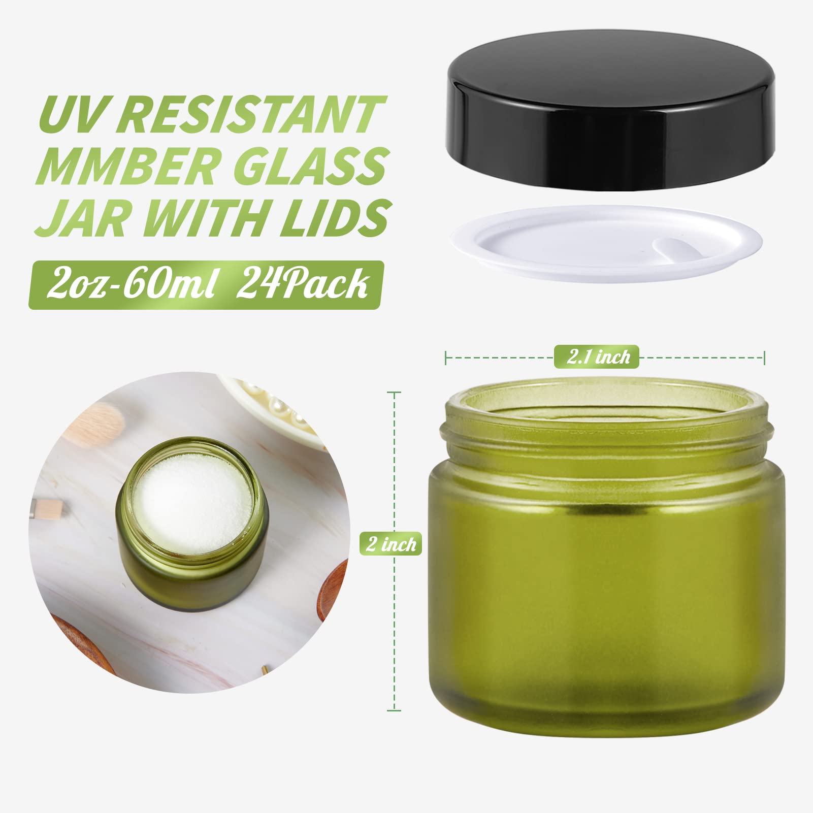 2Oz Jars With Lids, Hoa Kinh 24 Pack Green Frosted Glass Jars With Lids Empty Cosmetic Containers Round Airtight Glass Jar With