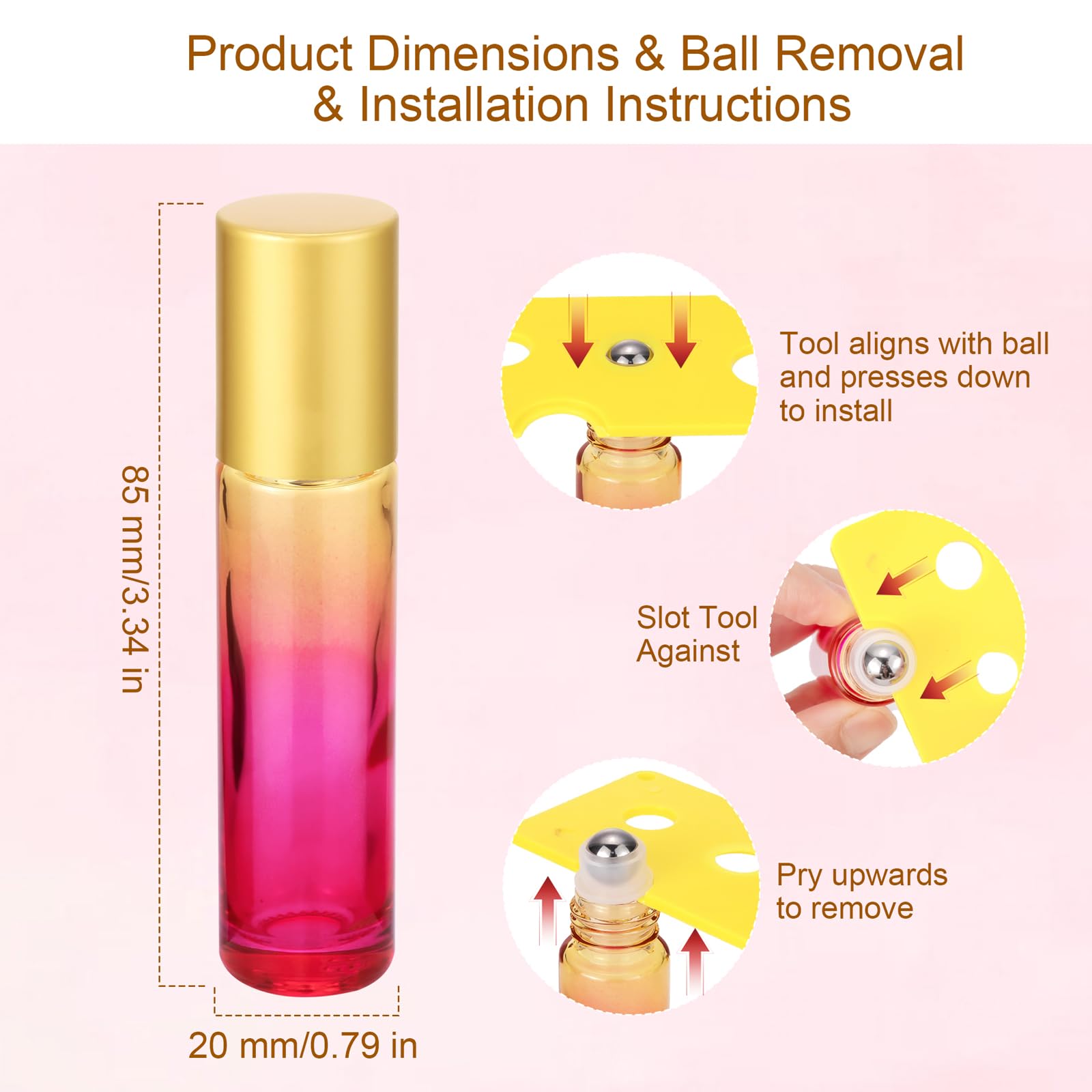 Jiuwu 10 Pack 10 Ml 0.17 Oz Yellow-Rose Gradient Glass Roller-On Bottles Beauty Cosmetic Essential Oils Stainless Steel Balls Ro