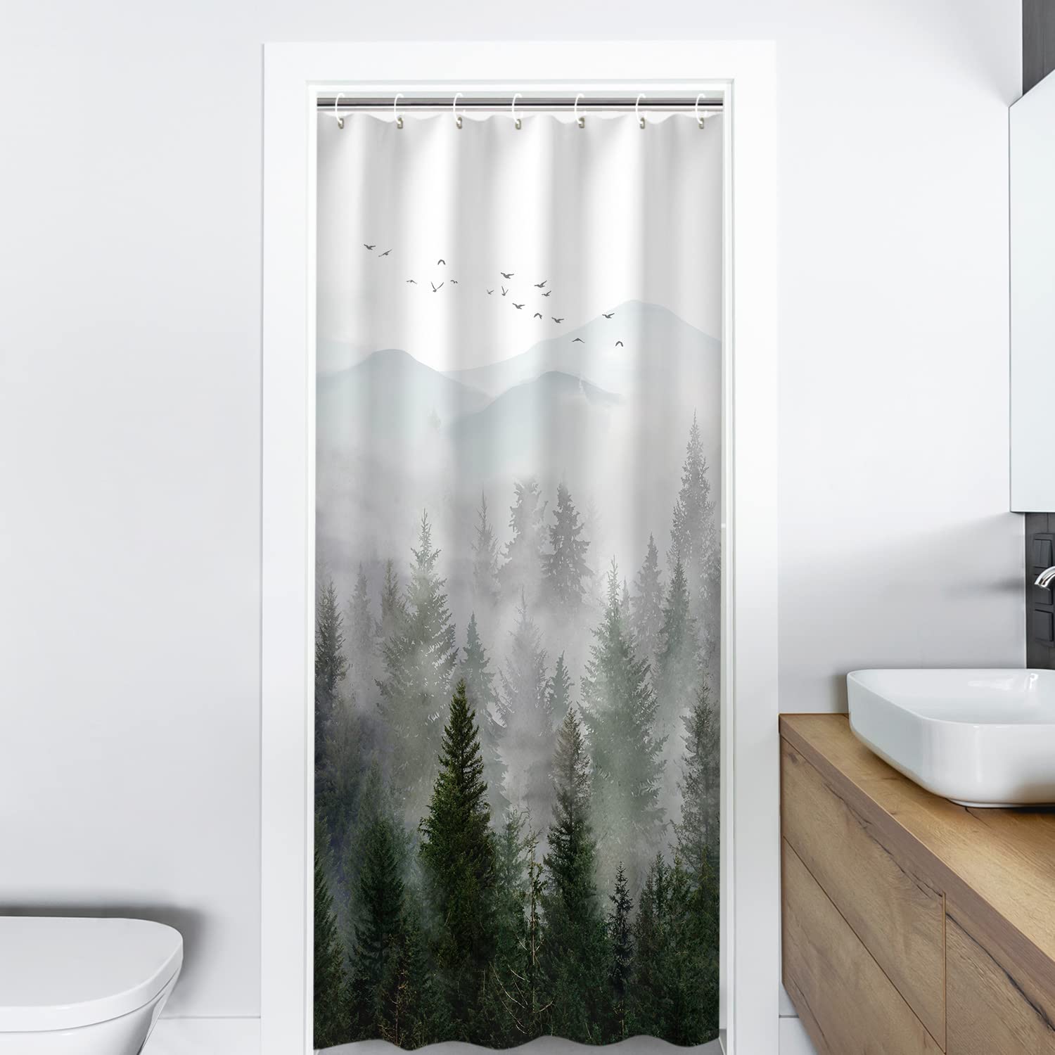 Rosielily Stall Shower Curtain 36''X72'' Inches Small Shower Curtain, Misty Forest Mountain Shower Curtain Tree Shower Curtains