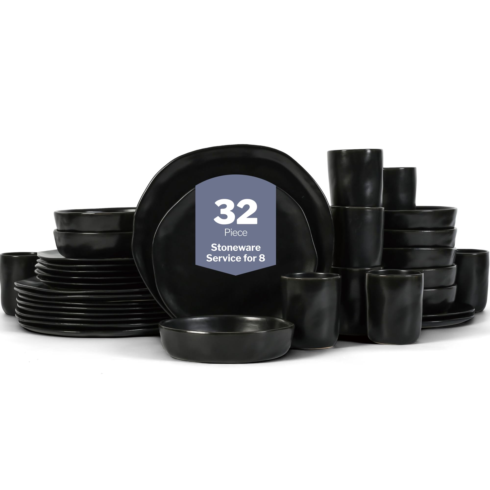 Stone by Mercer Project HEKONDA Modern Stoneware 32-Piece Dinnerware Set, Plate and Bowl Set, Dish Set for 8, Black