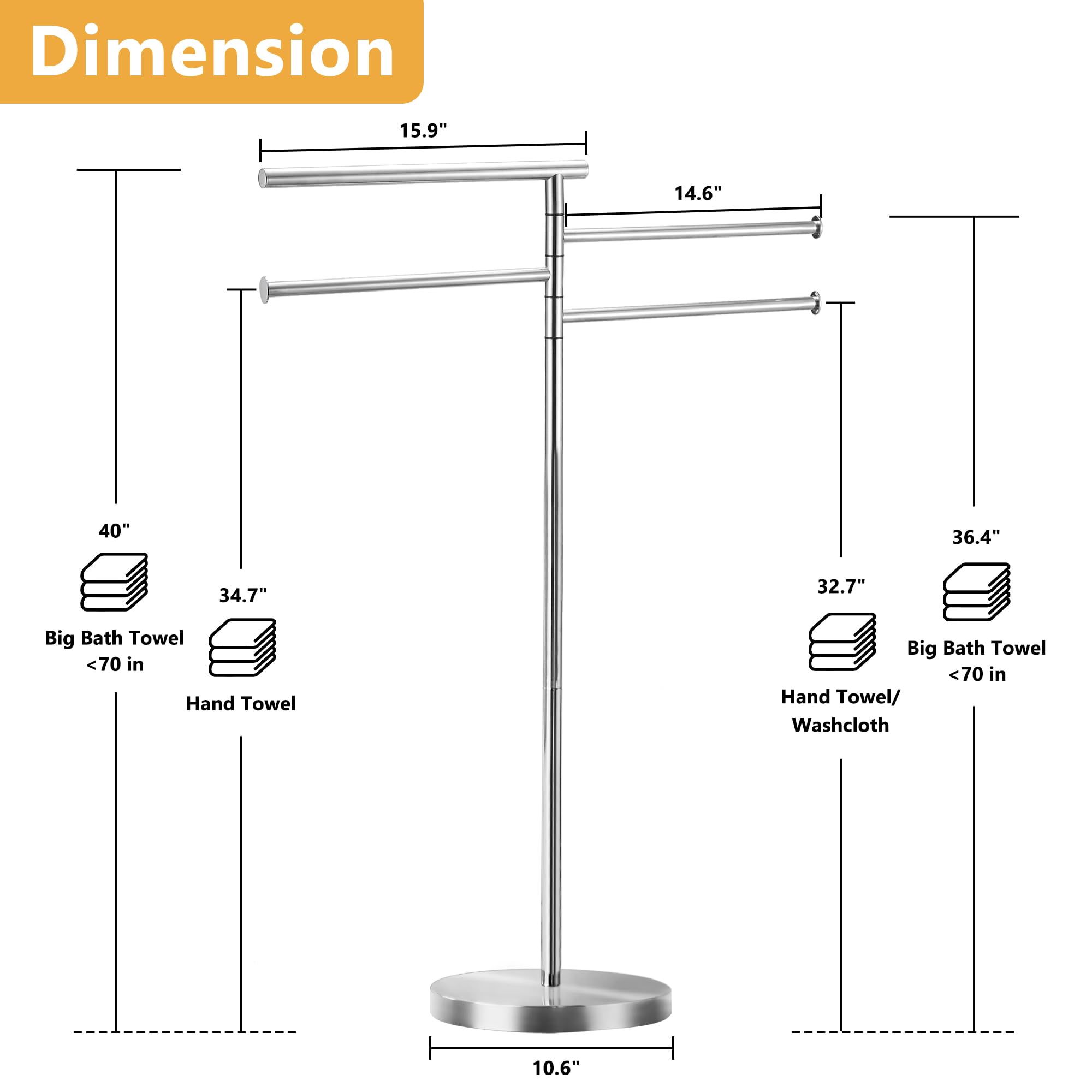 Freestanding Towel Rack, 40 Inch Tall Standing Towel Racks For Bathroom With Weighted Base, Modern Floor Towel Drying Holder Sta
