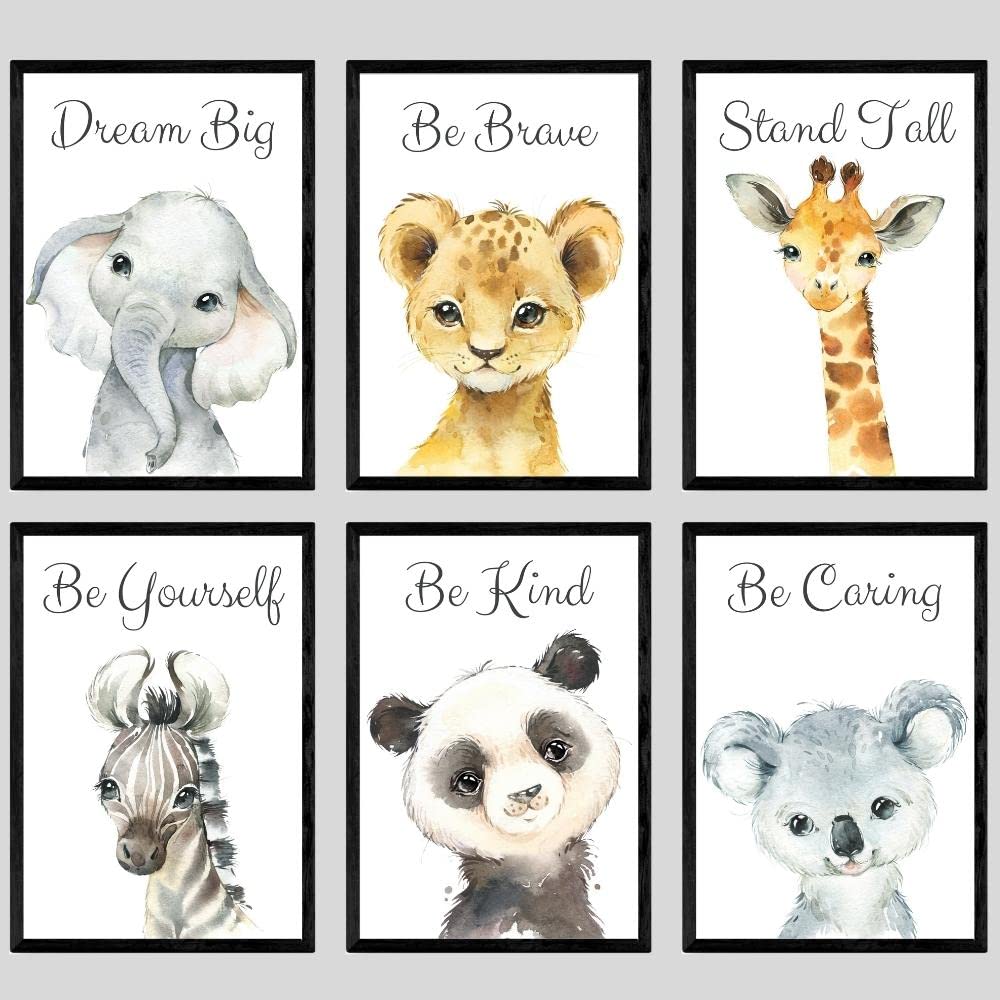 Baby Safari Animals For Girl Or Boy Nursery Bedroom, Set Of 6 Unframed Wall Art Prints, Jungle Portrait Quote Posters, Nursery D