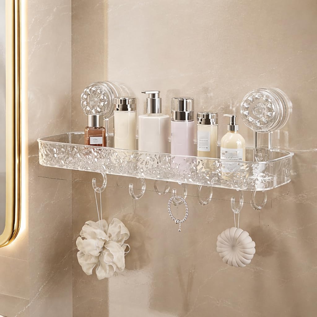 Bathroom Corner Shelf For Wall With Strong Suction Cups  Transparent Acrylic Triangle Storage Rack With Utility Hooks, NoDrill