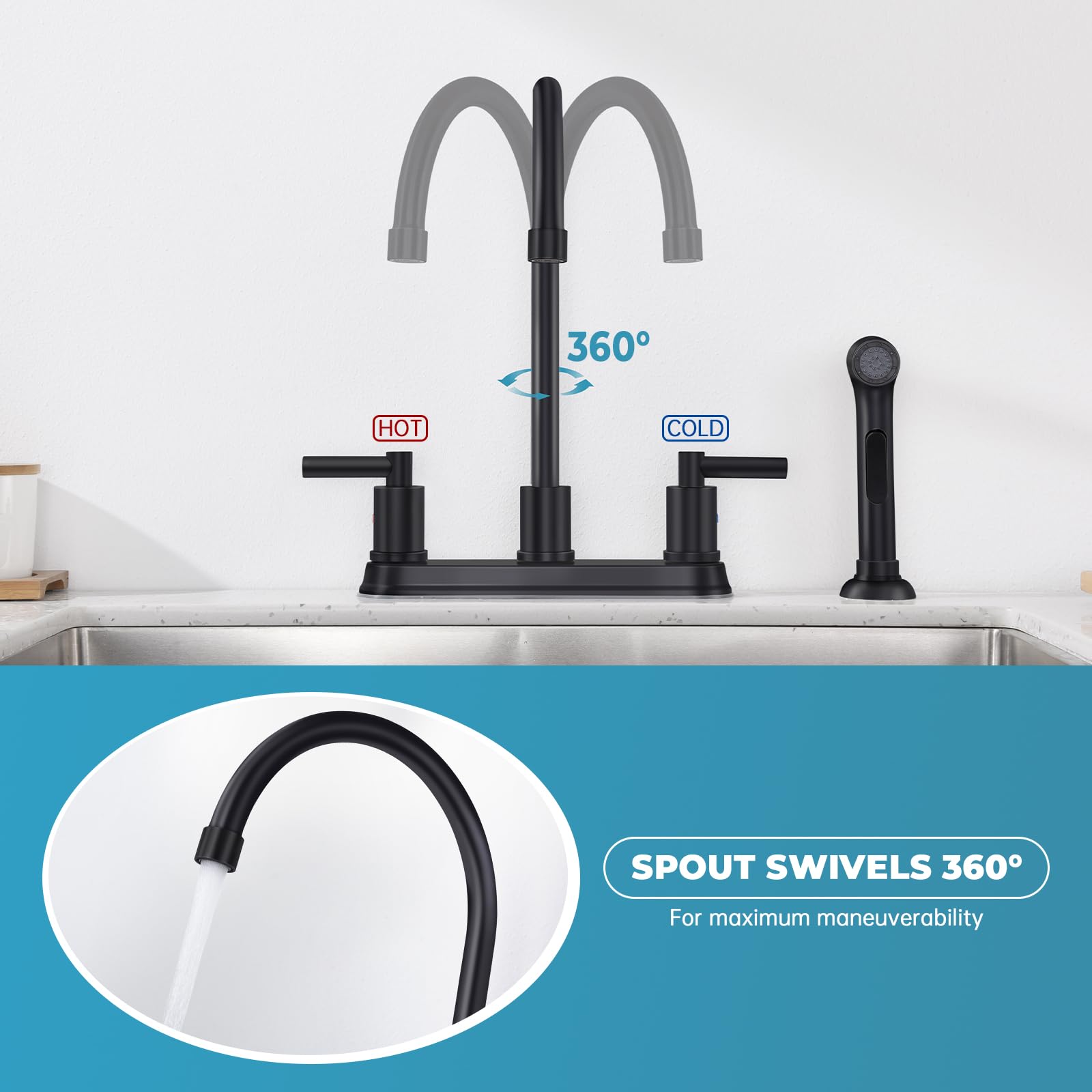 Arrisea 8 Inch Centerset Two Handle Kitchen Faucet With Pull Out Side Sprayer With Pause Mode,10 Inch High Arc Black 4 Hole Stai