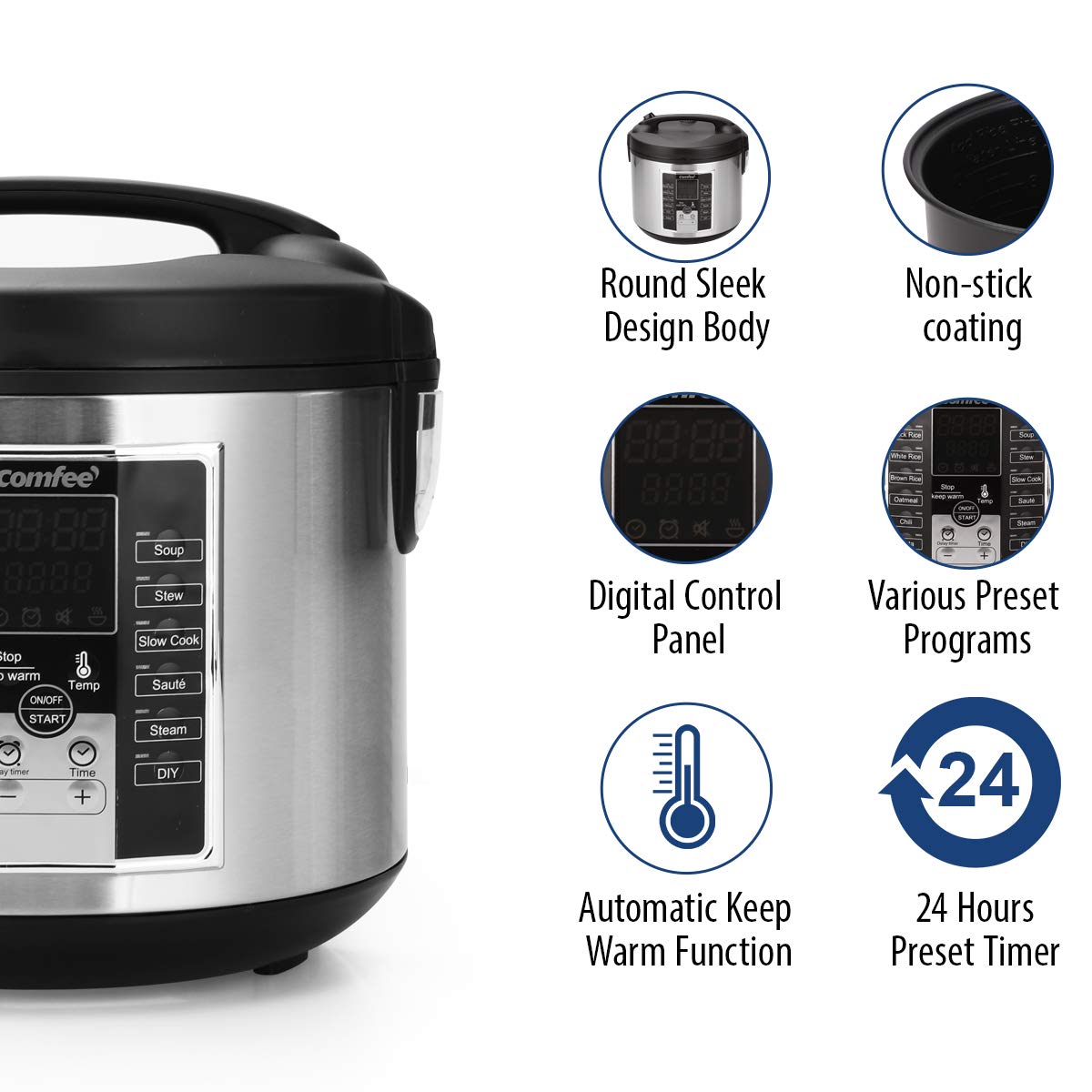 Comfee' Rice Cooker, Slow Cooker, Steamer, Stewpot, Saut   All In One (12 Digital Cooking Programs) Multi Cooker (5.2Qt ) Large