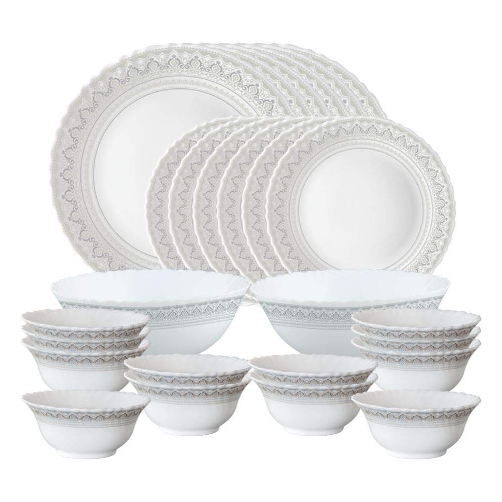 Larah By Borosil Classic Opalware Dinner Set, 28 Pcs, White