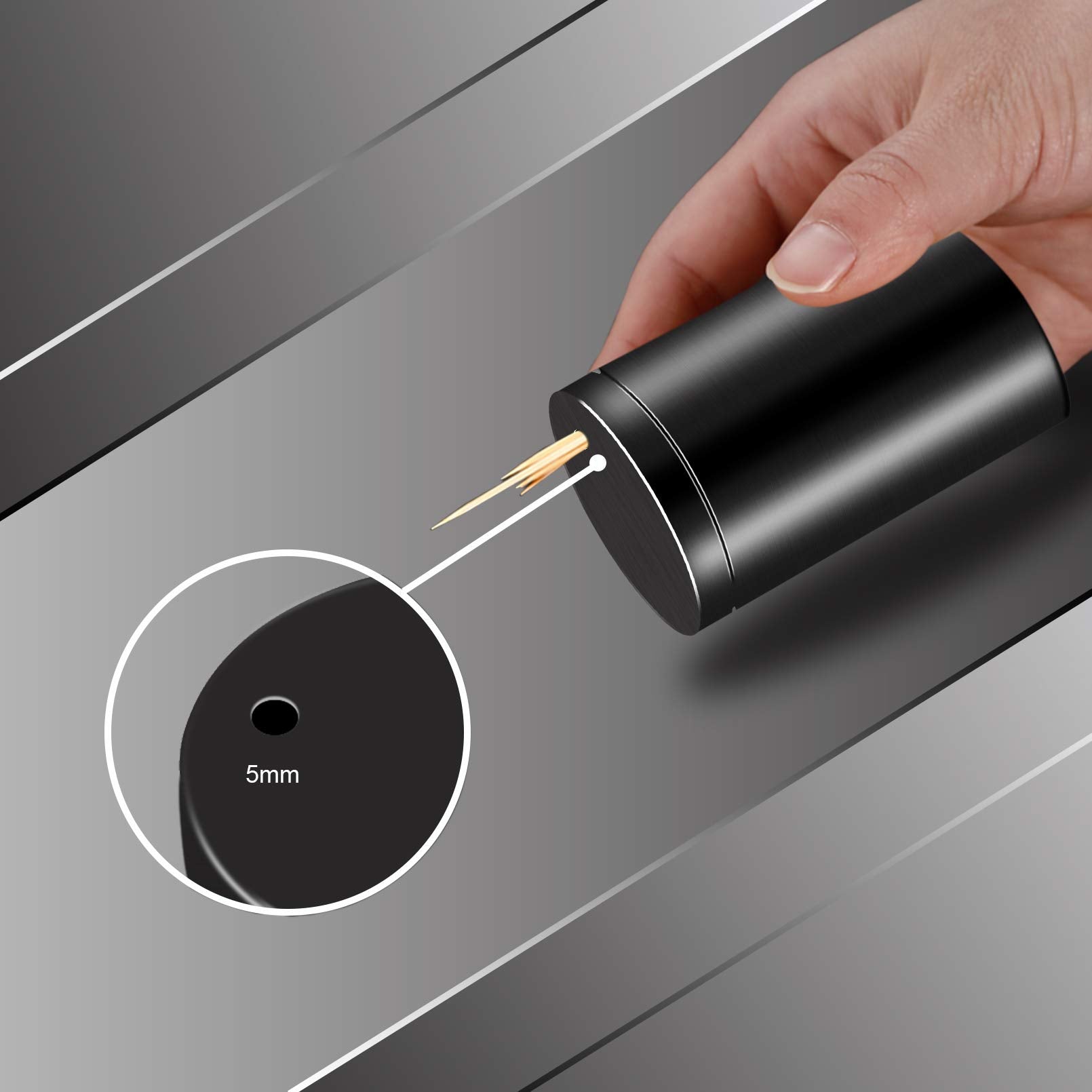 YIFOCUS Stainless Steel Metal Toothpick Holder Dispenser  Tooth Picks Lot Container with 500 Pieces Bamboo Round Toothpicks Wood for Teeth Appetizer and for kitchen (Black)