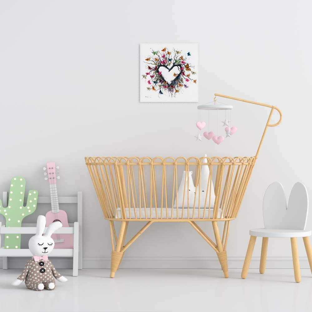 Yidepot Butterfly Canvas Print Wall Art For Bedroom: Heart Shaped Branches Surrounded By Colorful Butterflies Love Themed Pictur