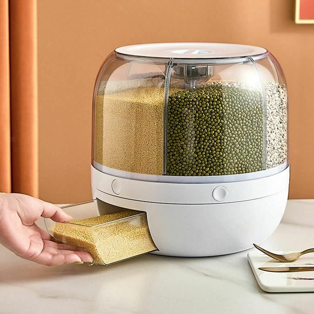 Inllex 6Grid 360 Rotating Rice Dispenser, Transparent Food Storage Container With Lid | Dry Food, Grains, Cereal, Beans Organiz