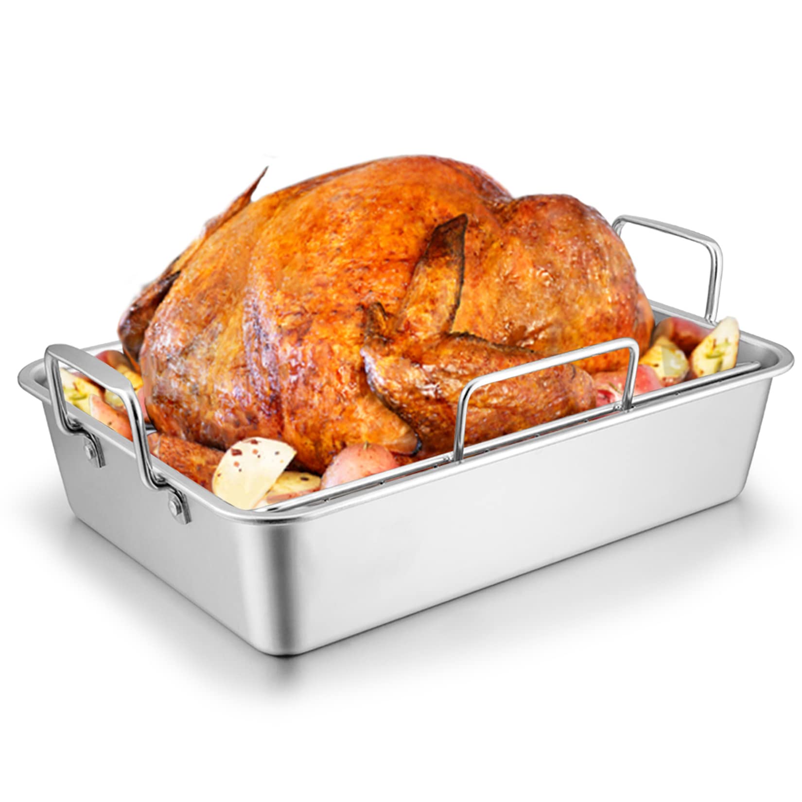Large Turkey Roasting Pan With Rack, Joyfair 15.3 Inch Stainless Steel Chicken Roaster Pan And V-Rack For Oven, Rectangular Bake
