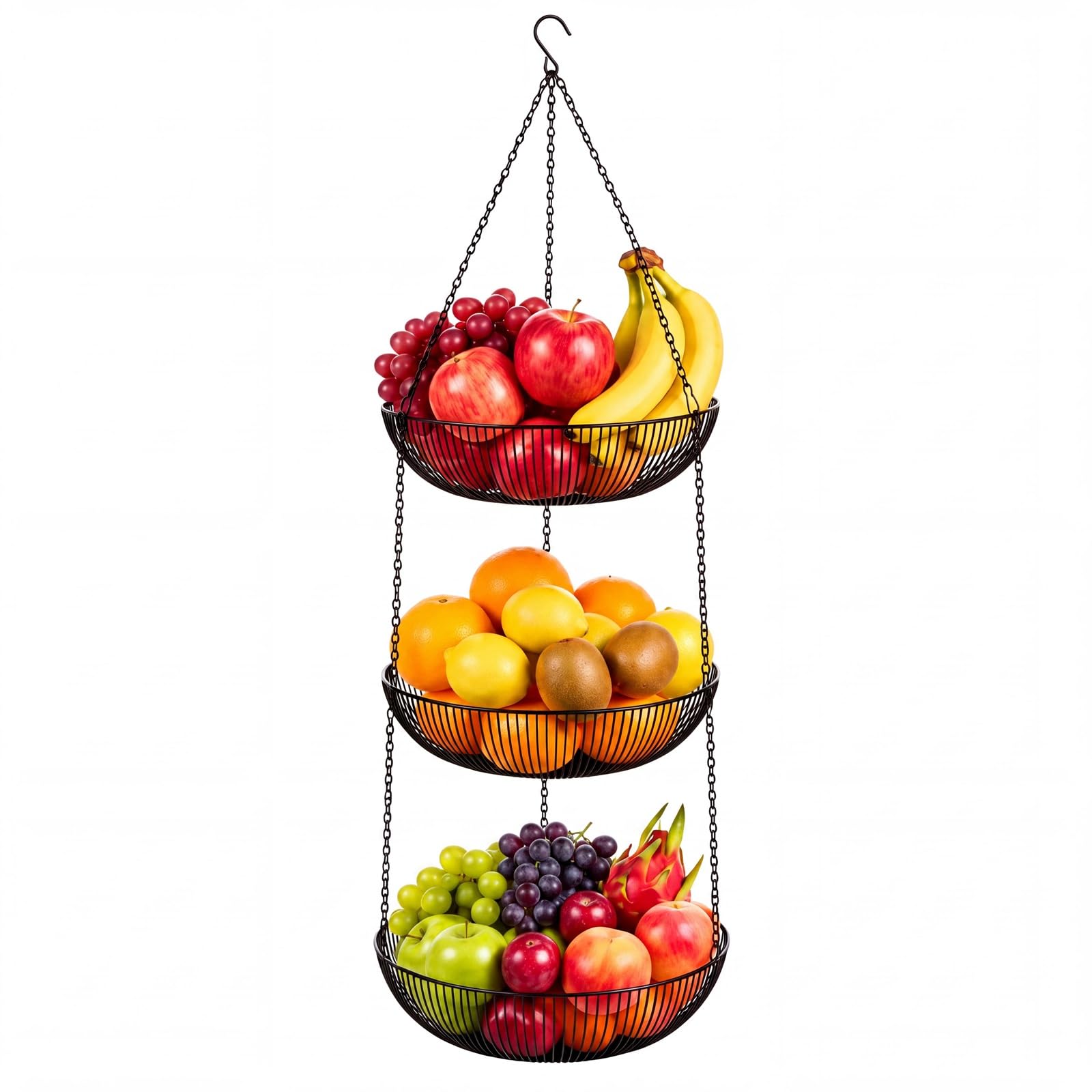 Teecyhooo 3tier Hanging Fruit Basket, 44 Metal, Black, 11 x 3.2 Inch