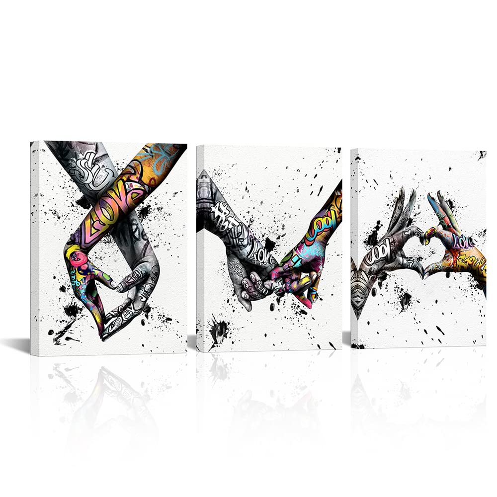 Vanseeing 3 Piece Graffiti Paintings Canvas Wall Art Promise Holding Hands Pop Art Posters Prints Abstract Painting Bedroom Wall