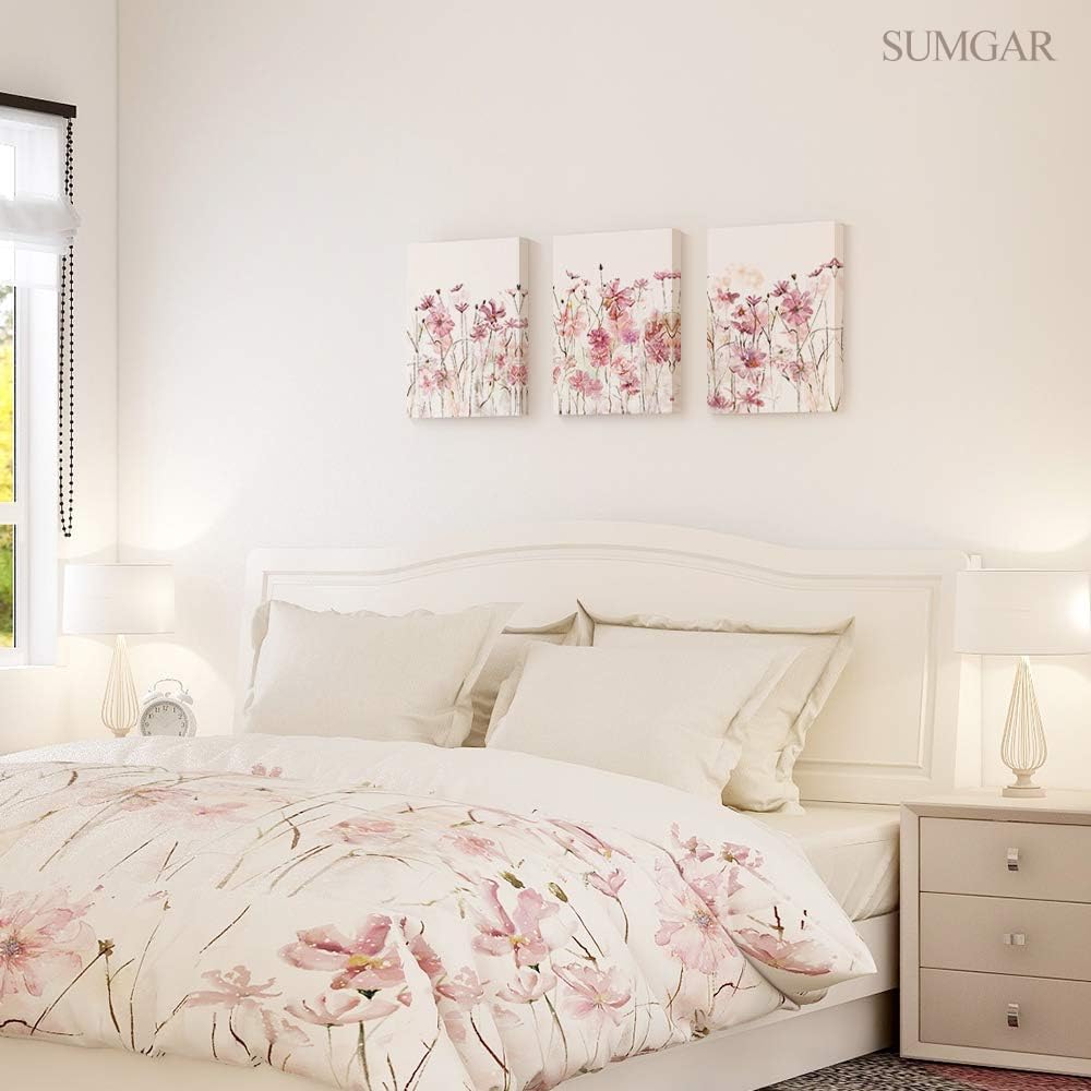 Sumgar Pink Flower Wall Art Bedroom 3 Piece Romantic Floral Wildflower Plants Nature Scenery Canvas Watercolour Paintings, Red B