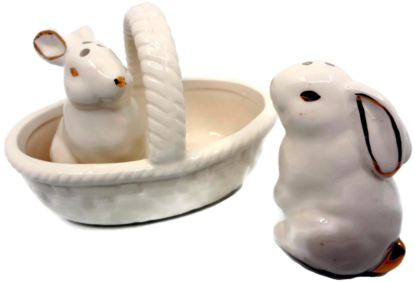 4.5 Ceramic Bunny Rabbit Salt and Pepper Shakers with Basket