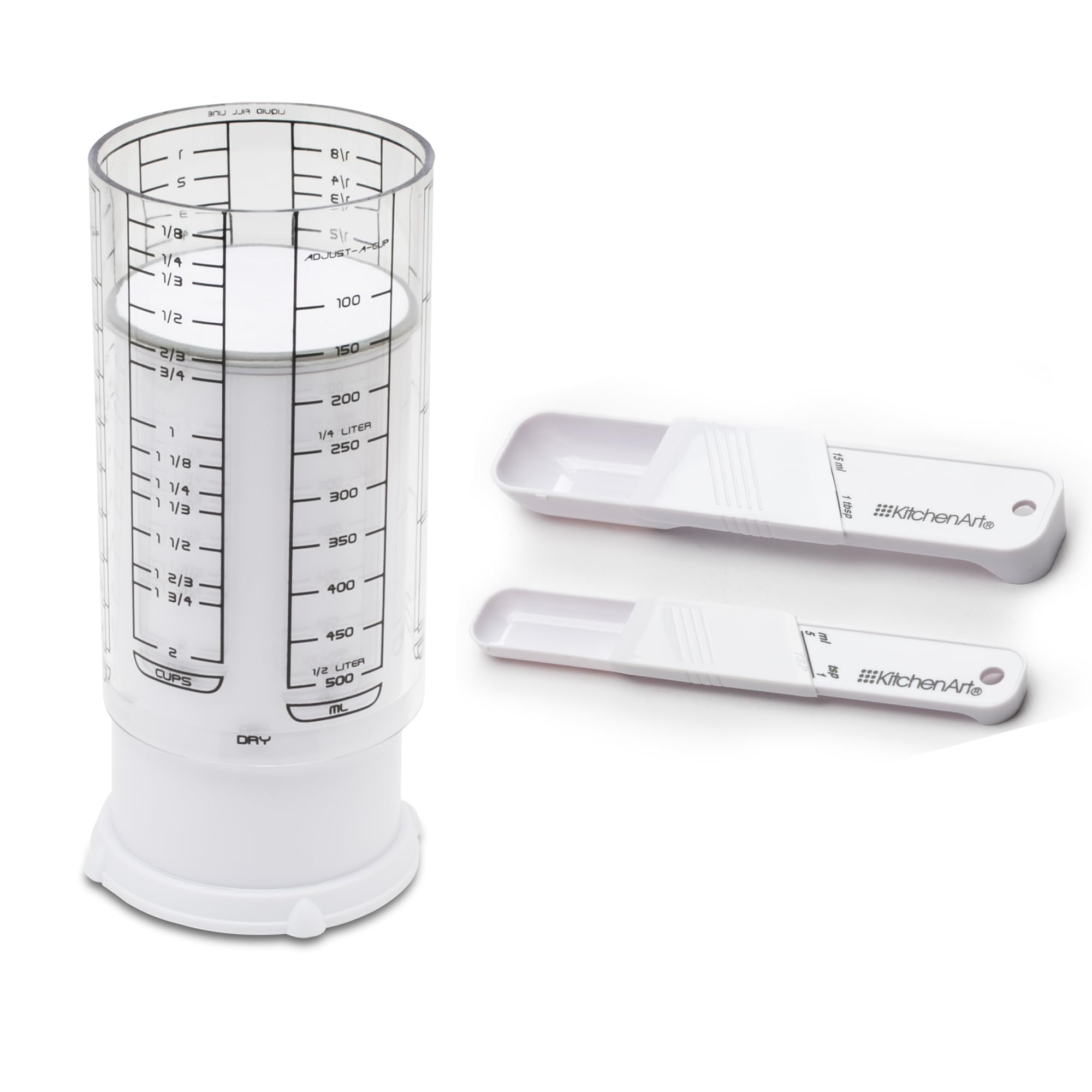 KitchenArt Adjustable Measuring Tool Set, Includes Adjustable Teaspoon, Tablespoon, and 2 Cup Measuring Cup