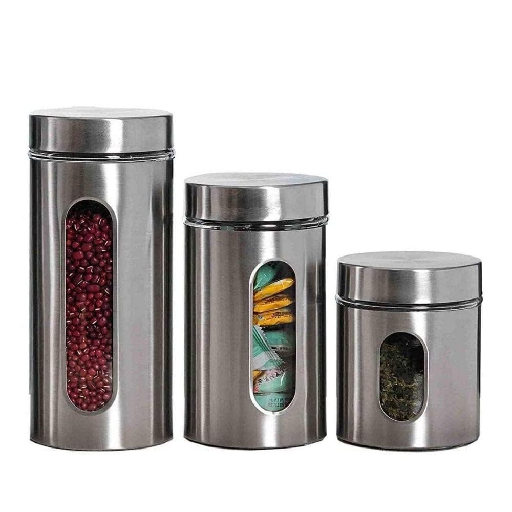 Kedansh Stainless Steel Plated Glass Kitchen Canister, Airtight Food Storage, Visible Window 850 Ml, 500Ml, 325Ml, Tea Coffee & 