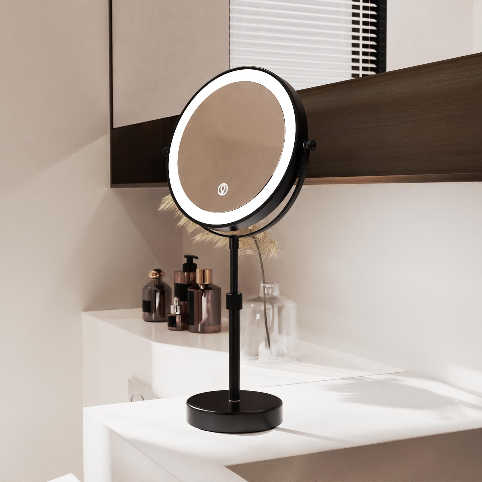 Nicesail Led Lighted Makeup Mirror Tabletop, 10X Magnifying Mirror With 3 Color Lights, Brightness Adjustable Height Adjustable,