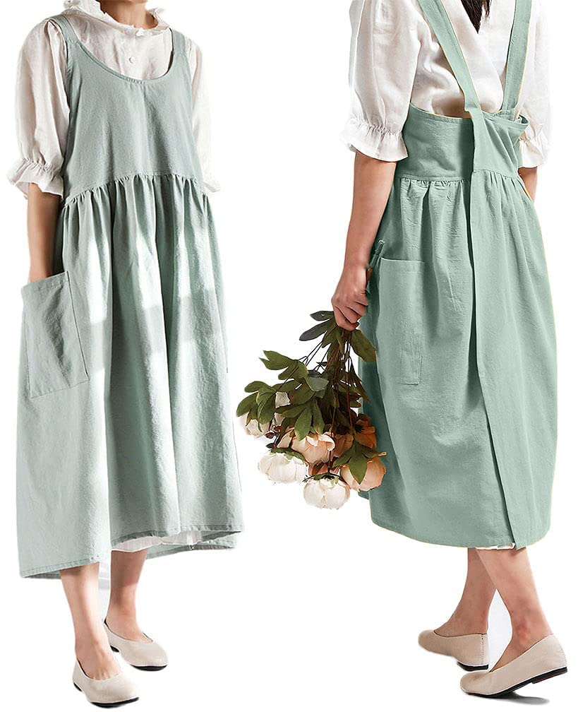 Losofar Women Girls Cross Back Apron Gardening Works Cotton Aprons Pinafore Dress (Green, 32.3'' X 41.3'')