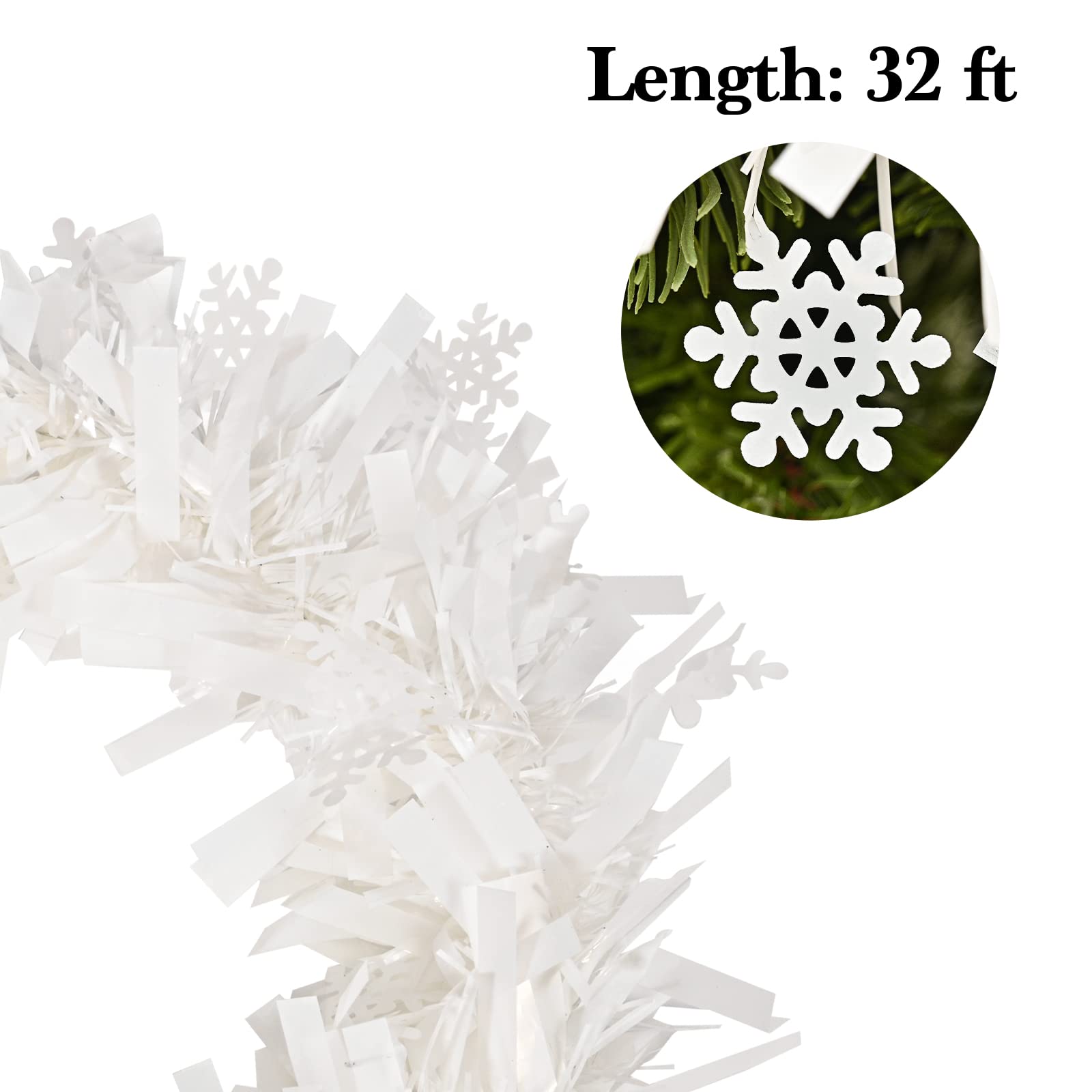 33ft /10m Snowflake Christmas Tinsel Garland White Metallic Twisted Hanging Garland with Star for Chistmas Tree Fireplace Home D