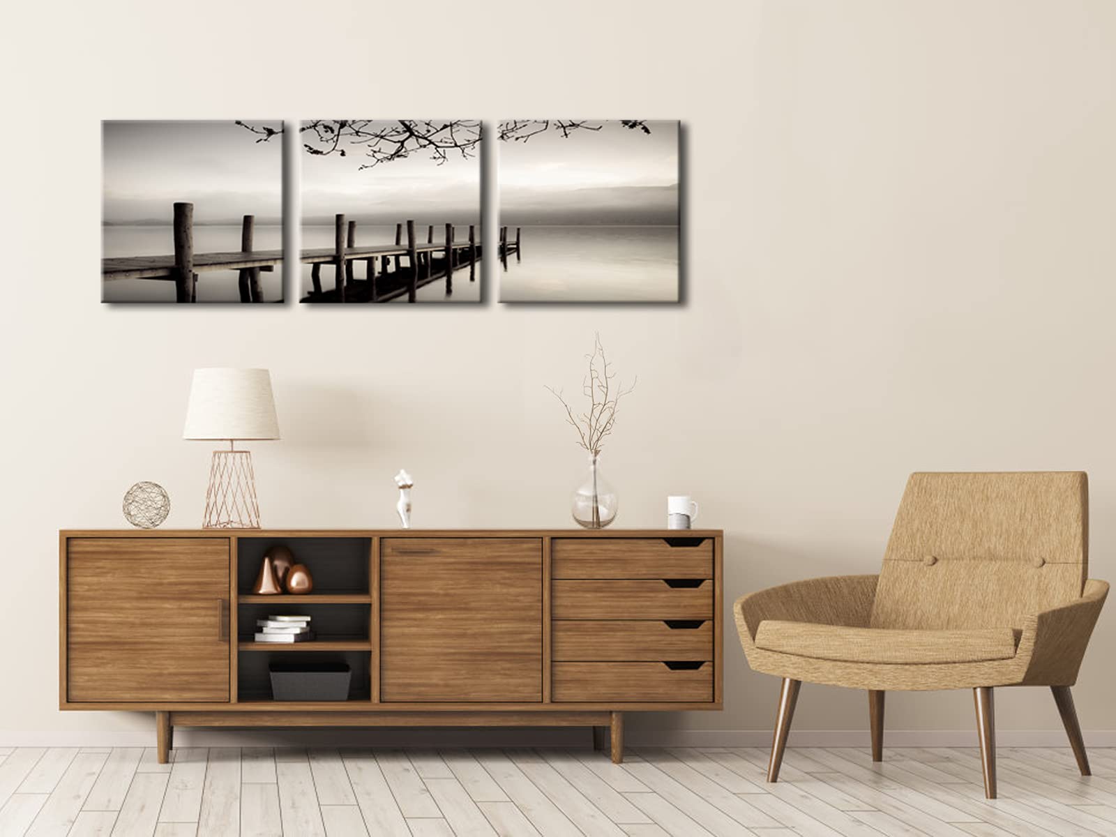 Pyradecor Peace 3 Panels Black And White Landscape Canvas Prints On Canvas Wall Art Modern Stretched Pictures Paintings Artwork