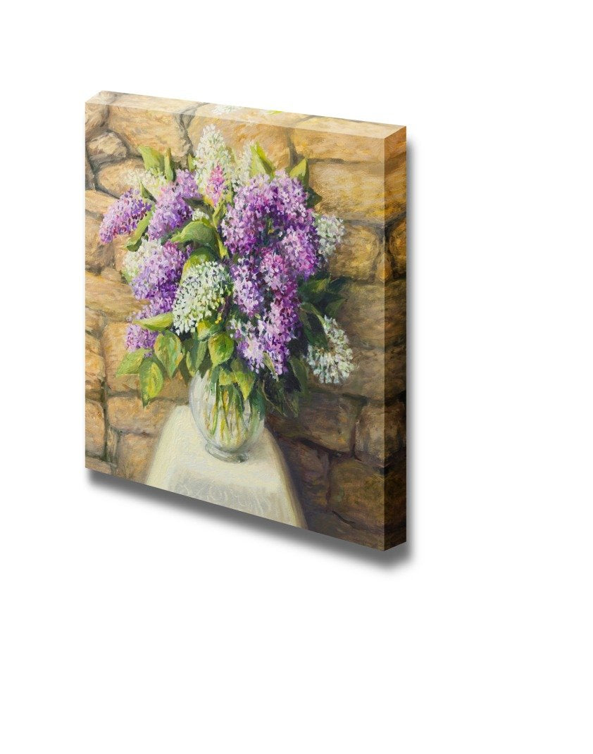 Beautiful Still Life With Blooming Lilacs In A Nice Glass Vase Over A Stone Tiled Wall - Canvas Art Wall Art - 16'' X 16''