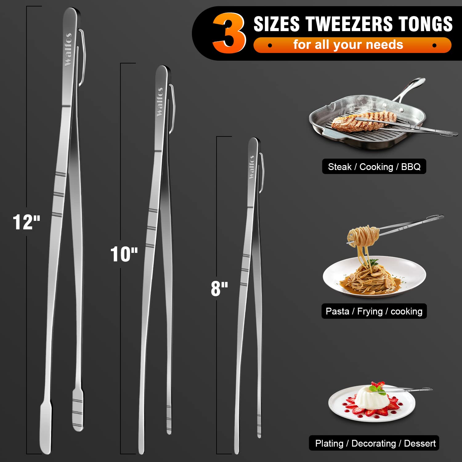 WALFOS Tweezer Tongs for Cooking Kitchen Tweezers Stainless Steel Pasta Tweezers Tongs for Cooking  Roasting  Grabbing Small Objects  Dessert  BBQ Spaghetti 3 Pcs (8+10+12-Inch)