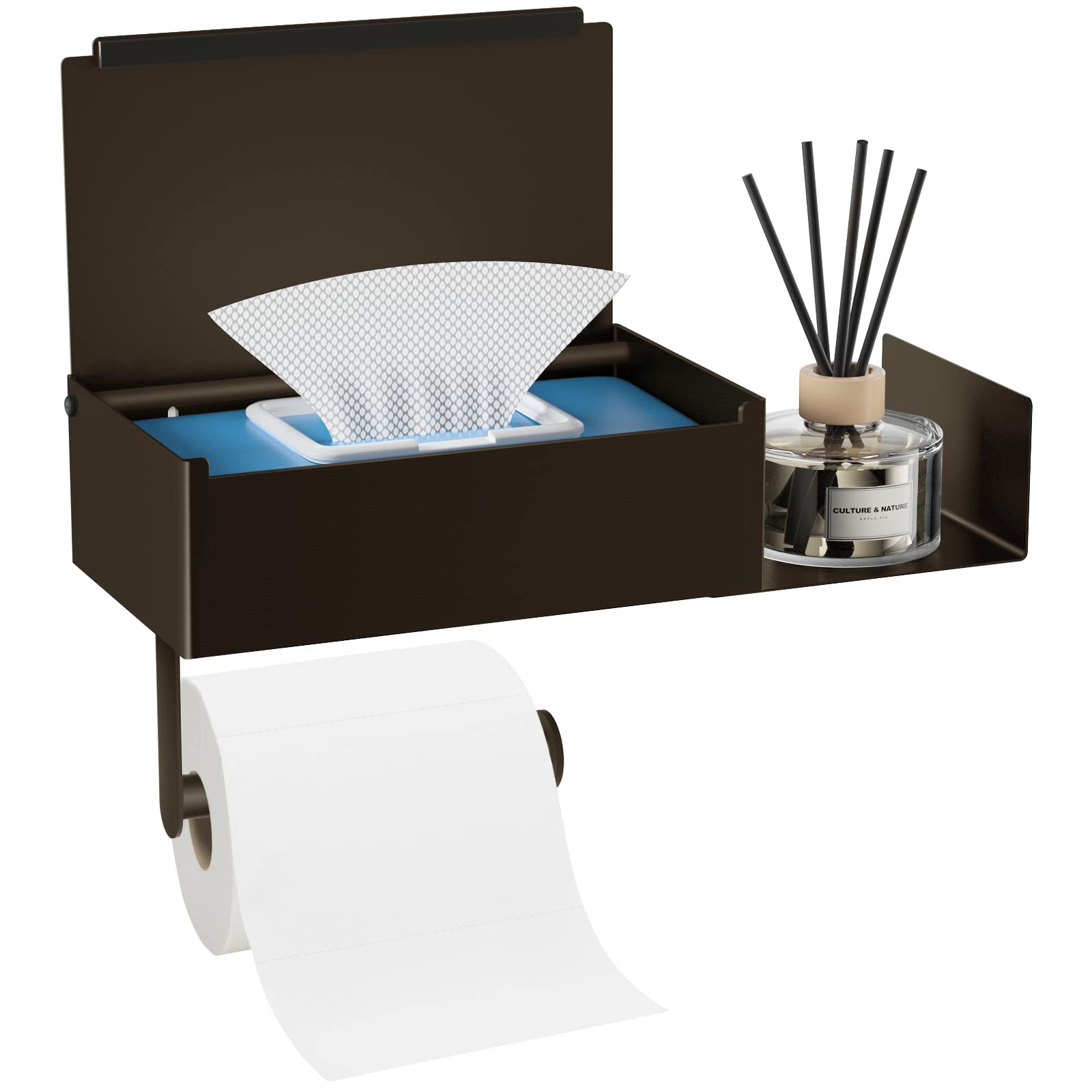 Toilet Paper Holder With Shelf, Funleu Flushable Wipes Dispenser For Bathroom, Self Adhesive Toilet Paper Holder With Storage -