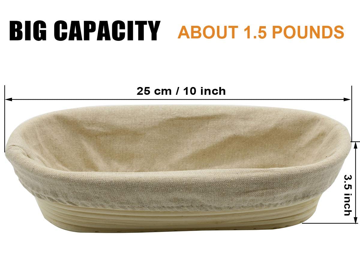 2 Pcs 10 Inch Oval Long Banneton Brotform Bread Dough Proofing Rising Rattan Basket & Liner For Professional & Home Bakers