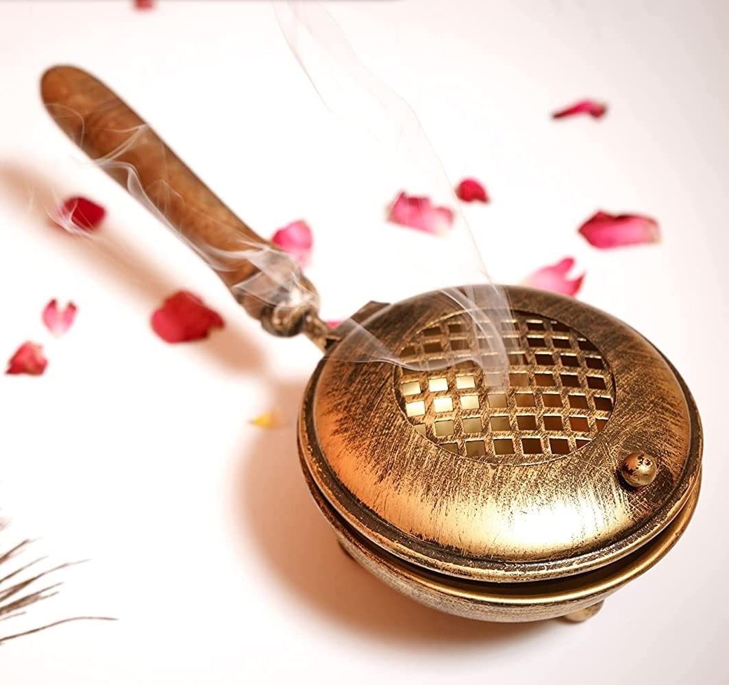Servdharm Dhoop Dani Dhuni Loban Burner, Diameter 4.3(Metal, Round, Gold)