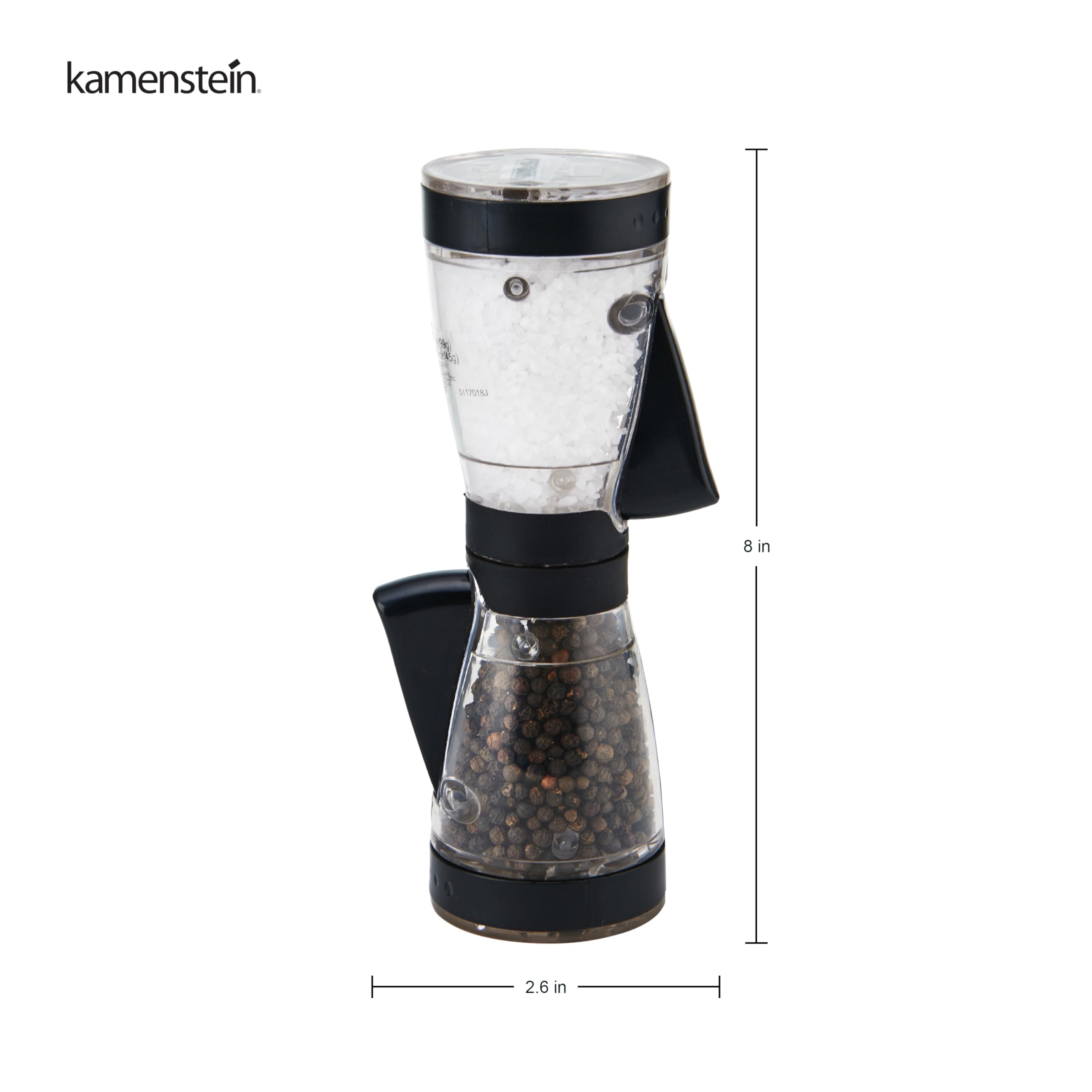 Kamenstein One-Handed 2-In-A-1 Dual Salt And Pepper Grinder-Adjustable And Refillable, 8-Inch, Black