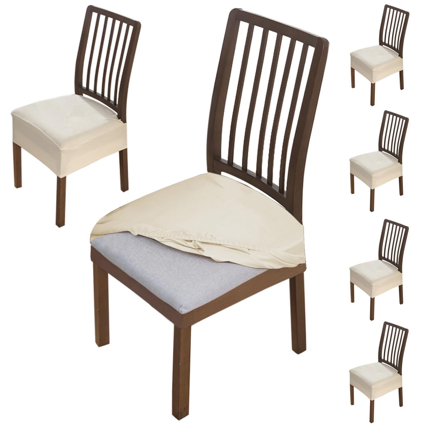 Hokipo Original Velvet Dining Chair Seat Cover, Stretch Fitted, Removable Washable Furniture Protector Slipcovers, Set Of 6, Bei