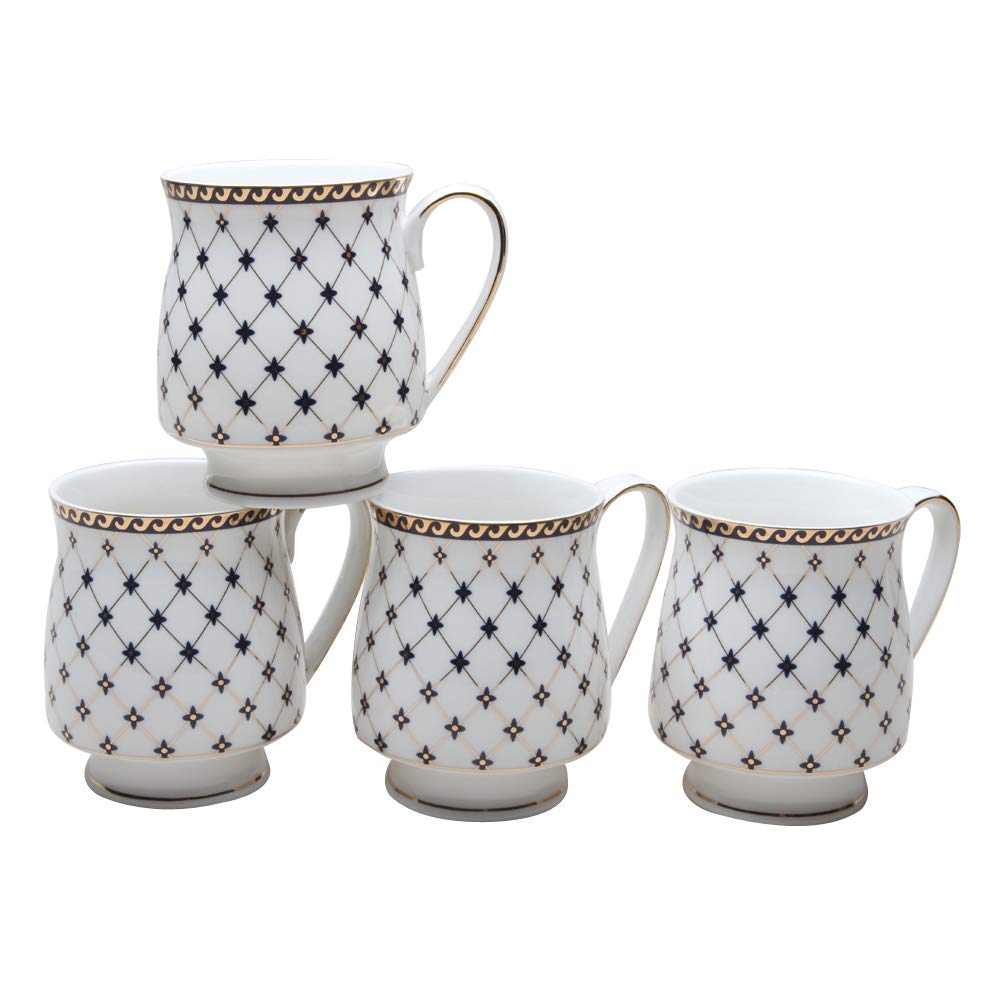 Gracie China By Coastline Imports Trellis Blue Gold Footed Porcelain Coffee/Tea Mug 12-Ounce Set Of 4, 4 Count (Pack Of 1)