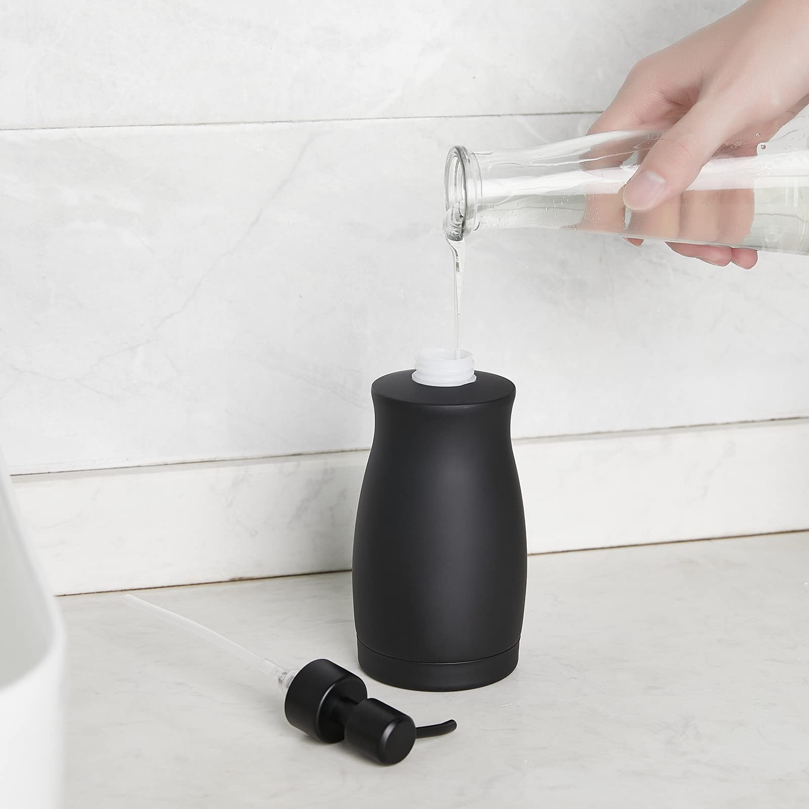 Zebeyima Modern Light Luxury Soap Dispenser With Funnel, Brushed Silver, 304 Stainless Steel, Metal Pump Hand Sanitizer Bottle F