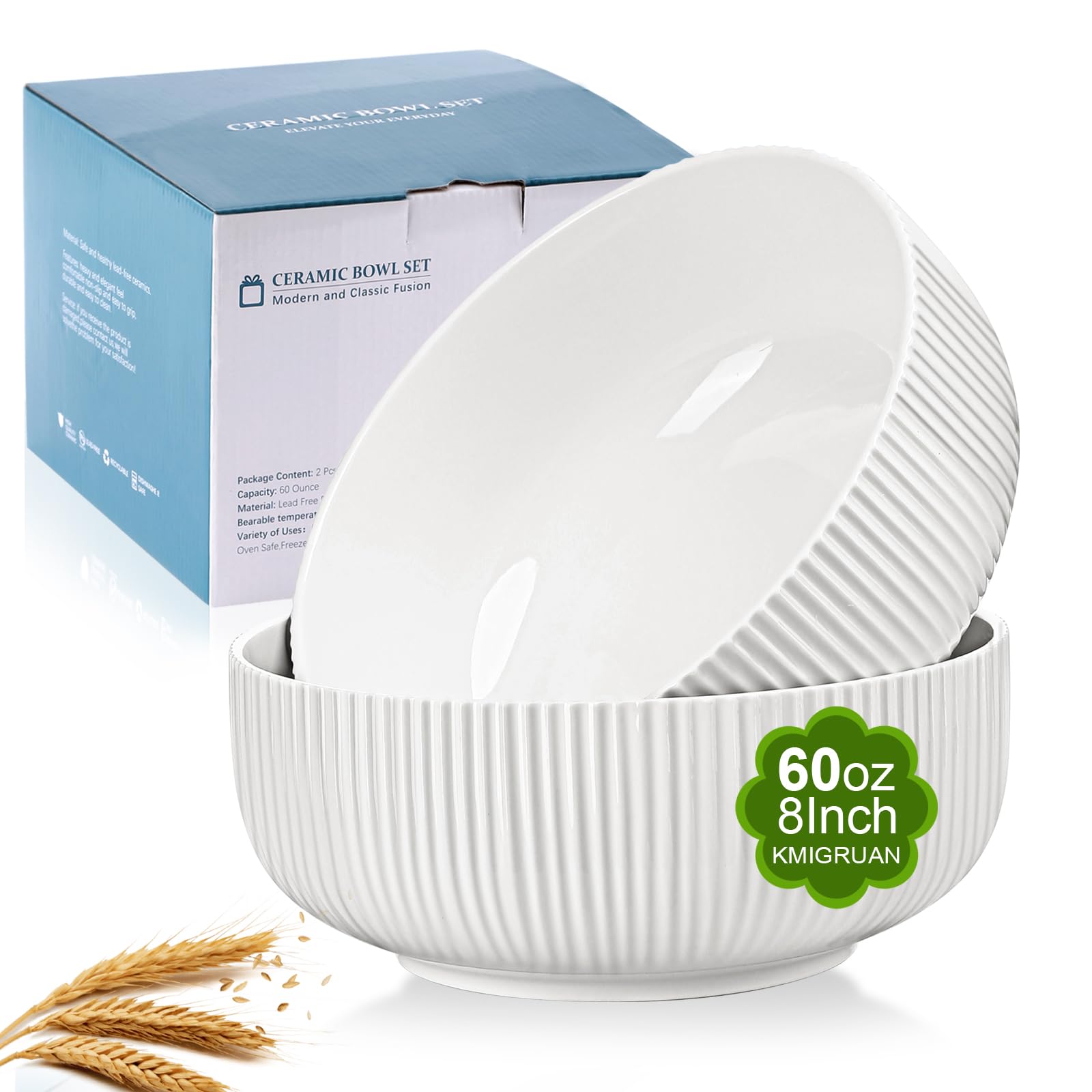 Kmigruan 60Oz Salad Bowl Set,2 Pack Serving Bowls For Entertaining,8Inch Large White Ceramic Bowl For Side Dishes,Soup, Pho, Cer