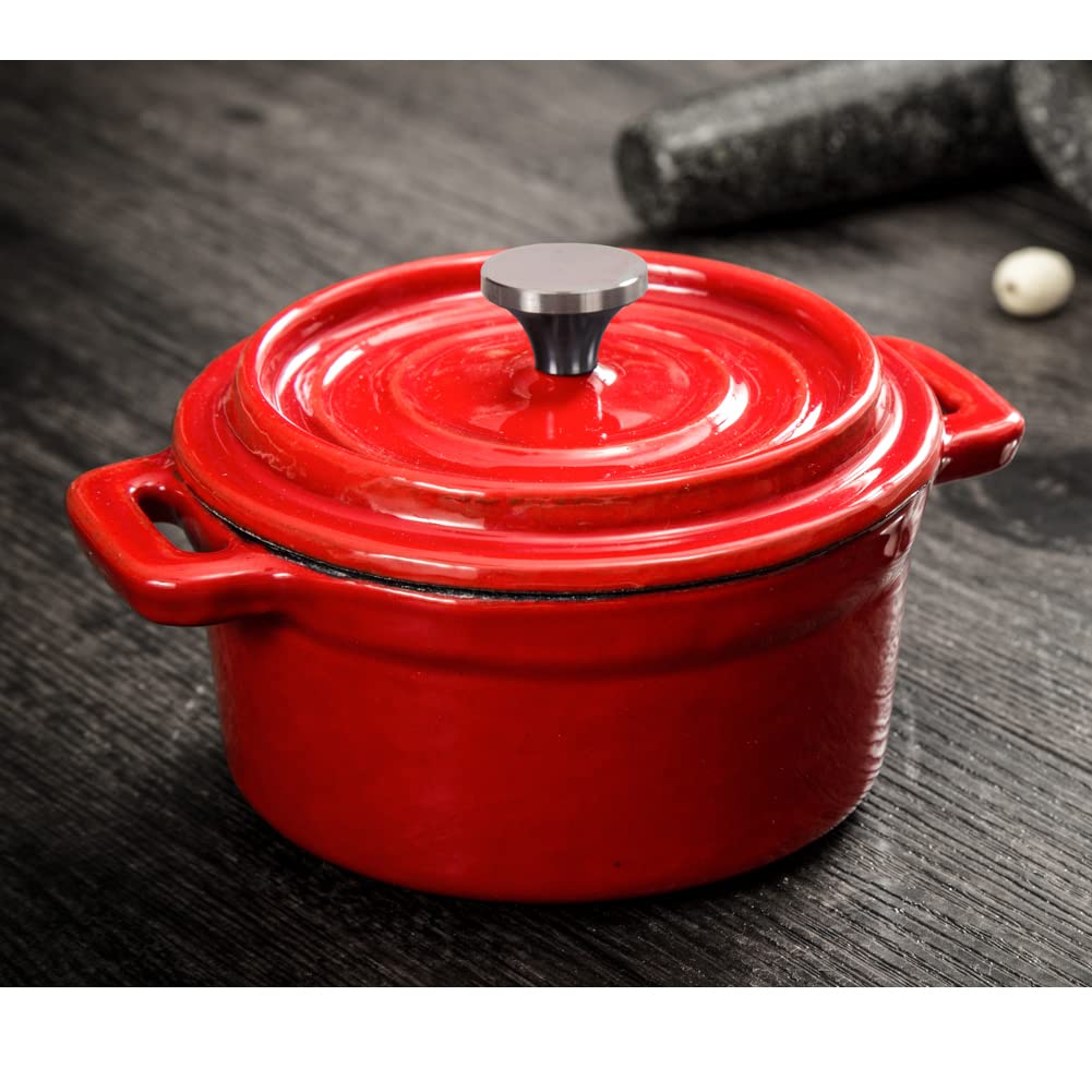 Hawok Enameled Cast Iron Mini Cocotte Sauce Pan With Lid 270Ml/9.13Oz/1.08Cups Mini Dutch Oven Red Set Of 2