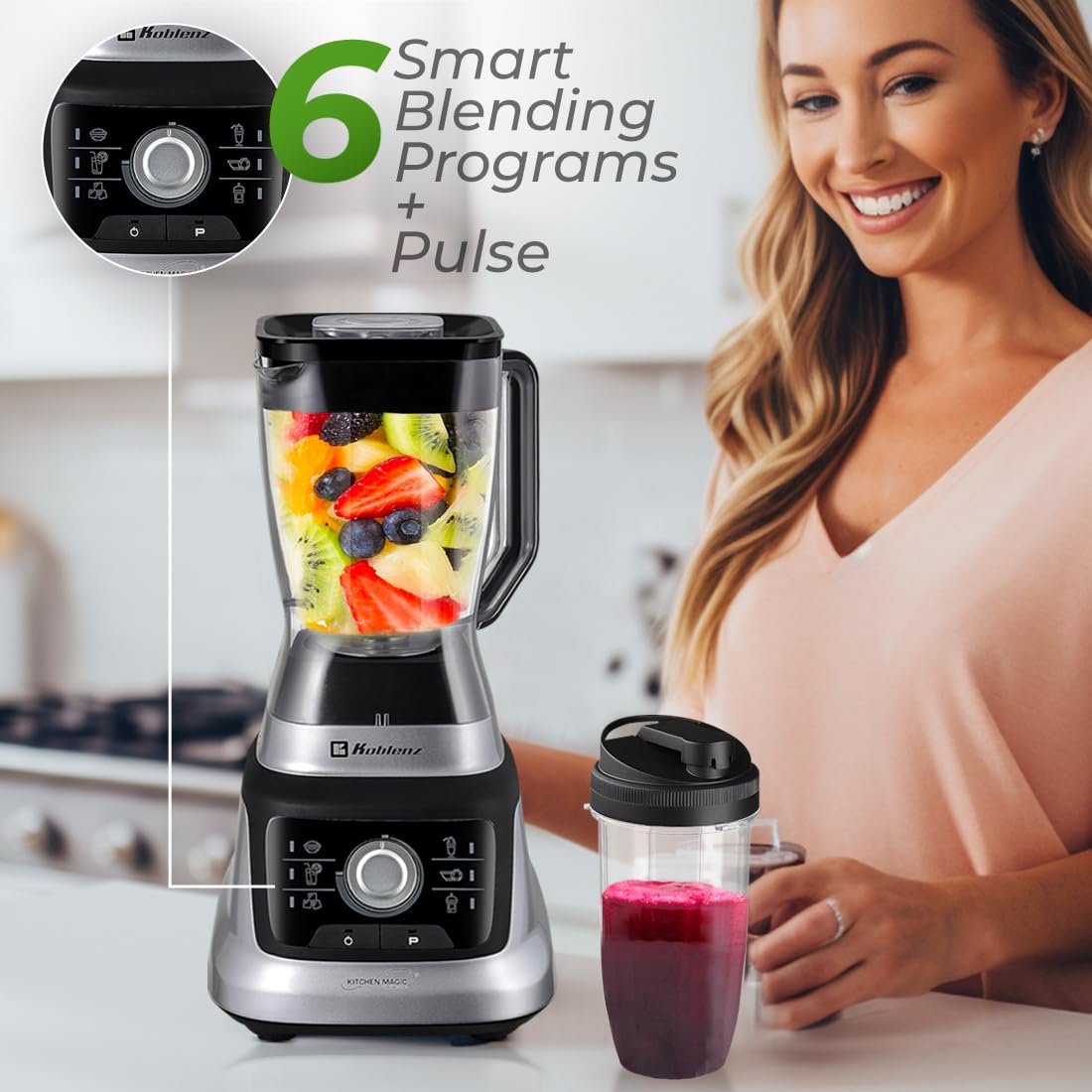 Koblenz Professional Blender, Countertop Blender With Speed Knob And 6 Functions, 1400-Watt Motor, 68 Oz. Capacity, Super Silent