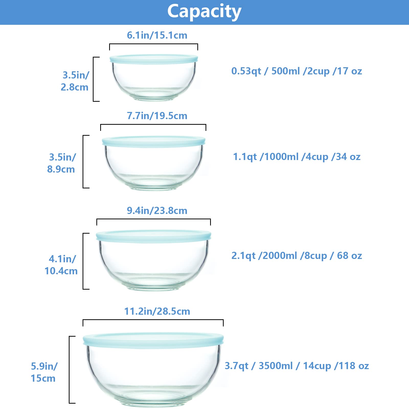 WhiteRhino 8 Piece Glass Bowls with Lids  Heat Resistant Glass Mixing Bowls Set (3.7QT  2.1QT  1.1QT  0.53QT)  Clear Salad Bowls with BAP-Free Lids for Kitchen  Oven Microwave Dishwasher Safe