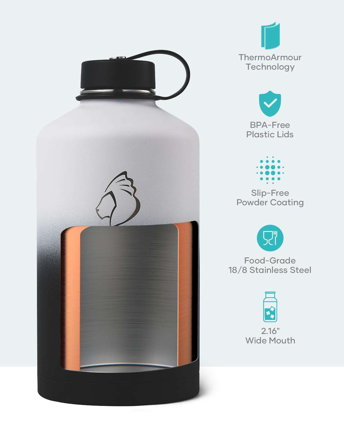 Buzio 1 Gallon Water Bottle, 128Oz Insulated Water Jug Double Walled Vacuum Stainless Steel Travel Flask (Cold For 48 Hrs), Leak