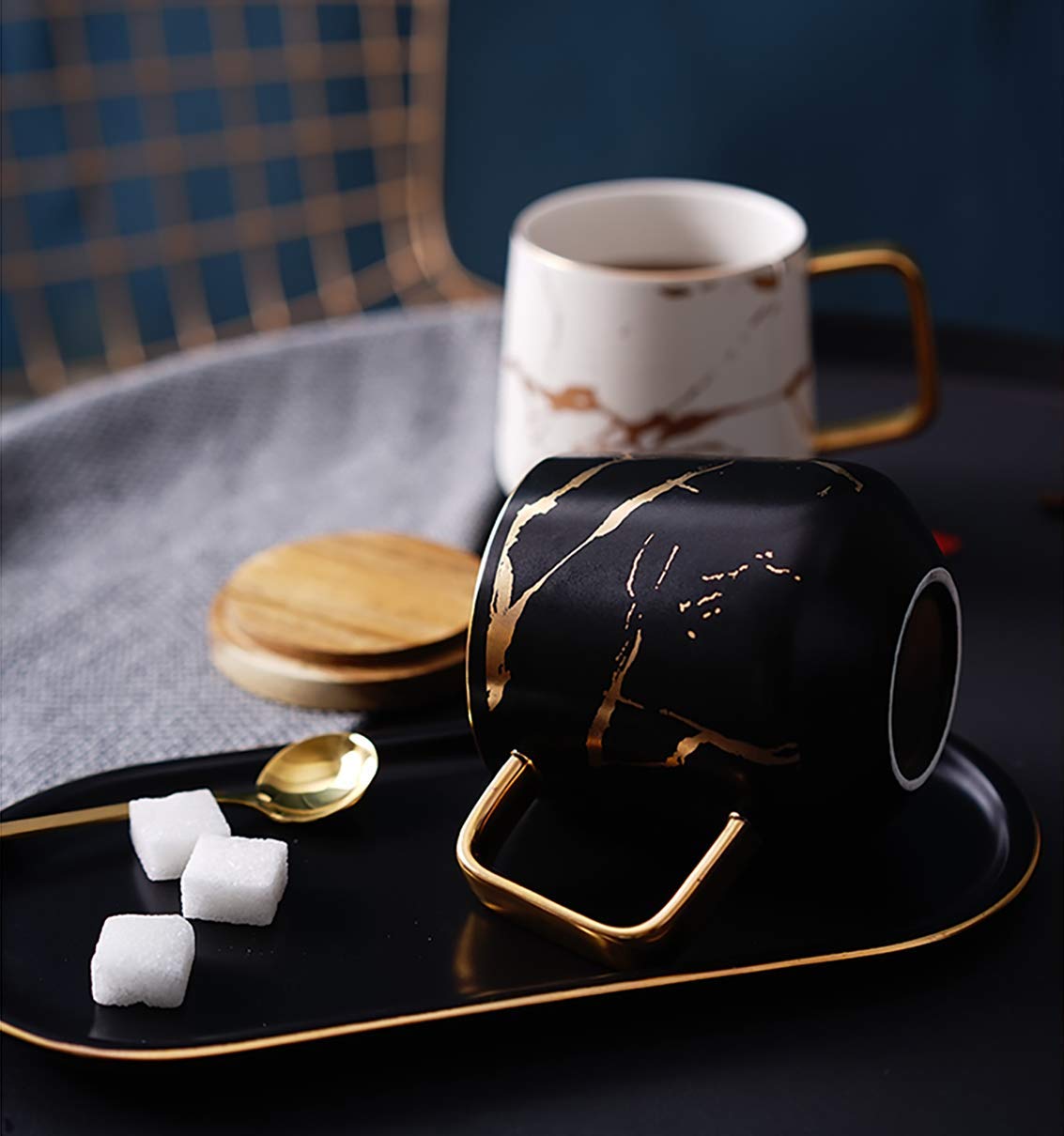 Eplze Ybk Tech Porcelain Tea Cup Coffee Mug Set For Afternoon Tea - Marble Pattern (Black, Tall 400Ml + Wood Lid)