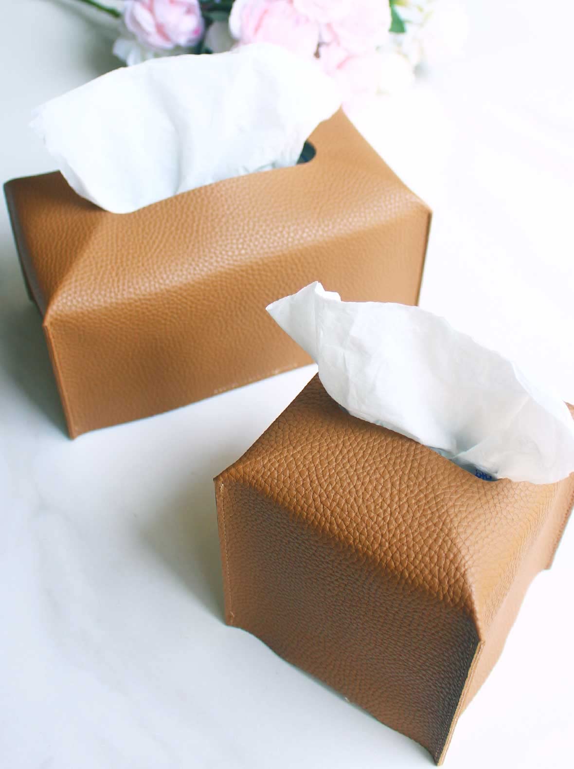 Tissue Box Cover Large Rectangular - Plus Size Leather Tissue Box Holder With Bottom Belt [Jesmini, Camel Brown] Long Rectangle