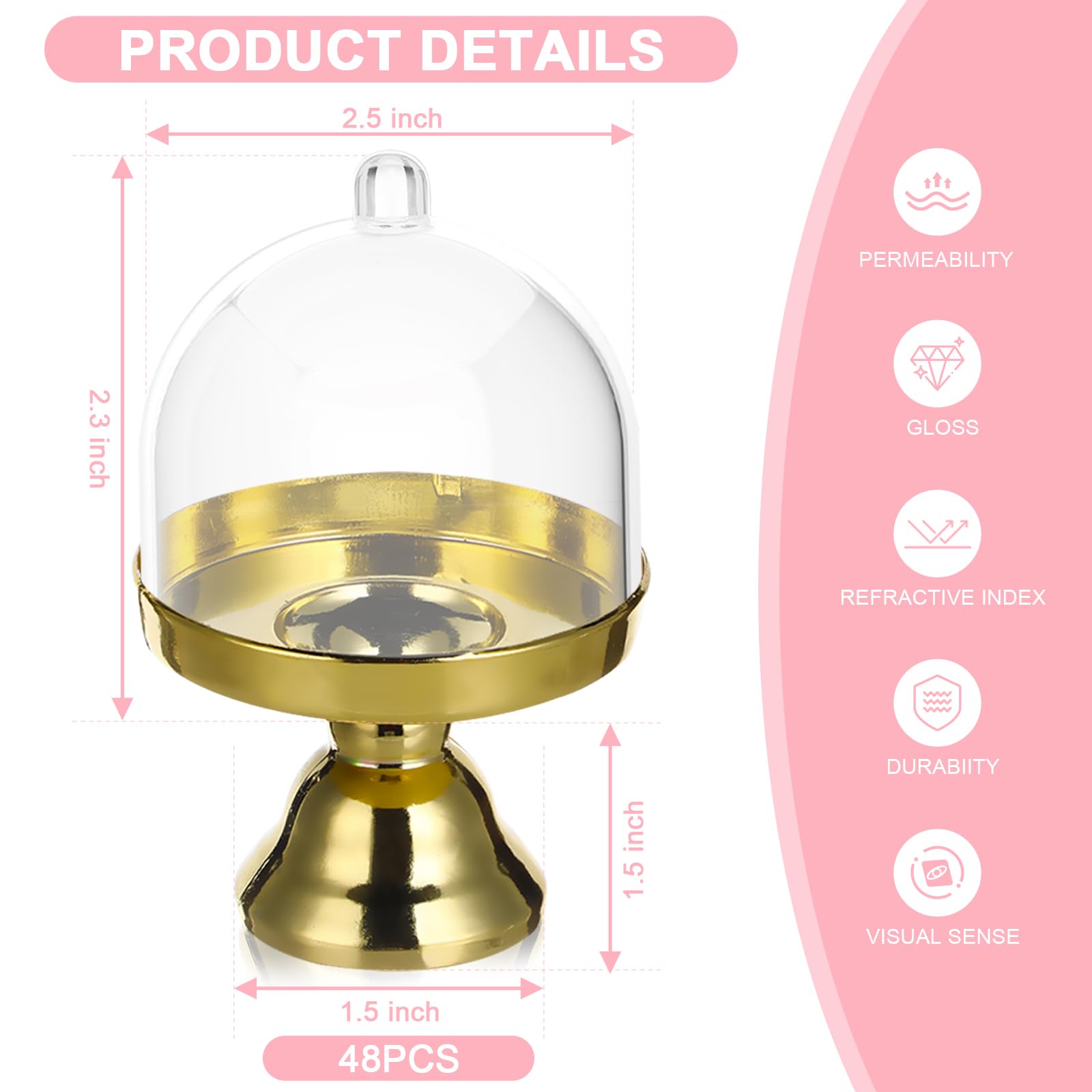 Jc Hummingbird 48Pcs 4 H X 2.75 W Cake Plate Stand With Dome Cover, Gold