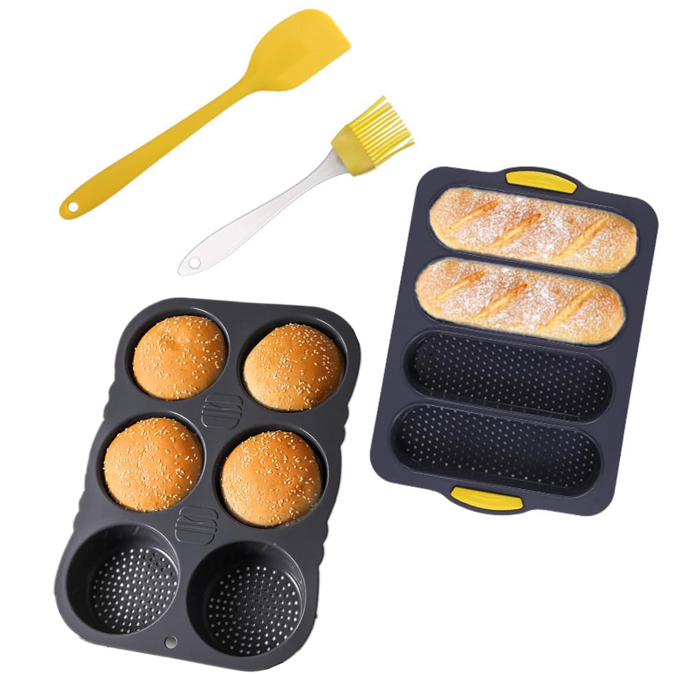 NatureMan 4 Pcs Silicone Baguette Pan and Hamburger Bun Pan Set,Non-stick 4 Holes French Bread Baking Tray,6 Holes Hamburger Bun